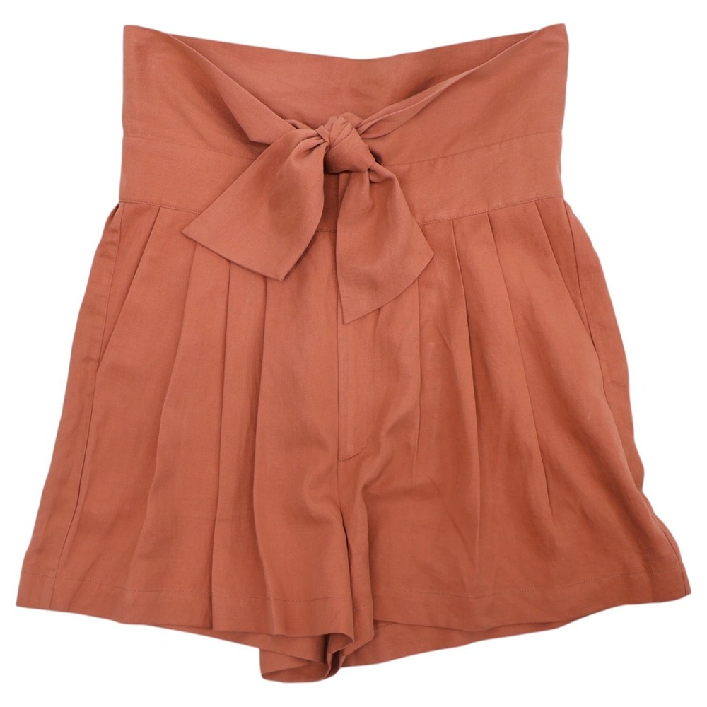 Ulla Johnson Tie Waist Shorts Womens 10 Rust Linen Tencel Pleated High Rise